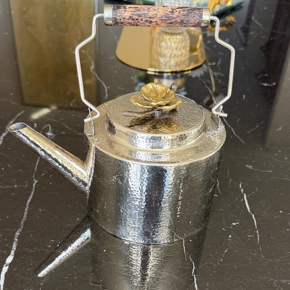 Elegant Michael Aram Silver stanless steel Teapot with Gold Flower Accent